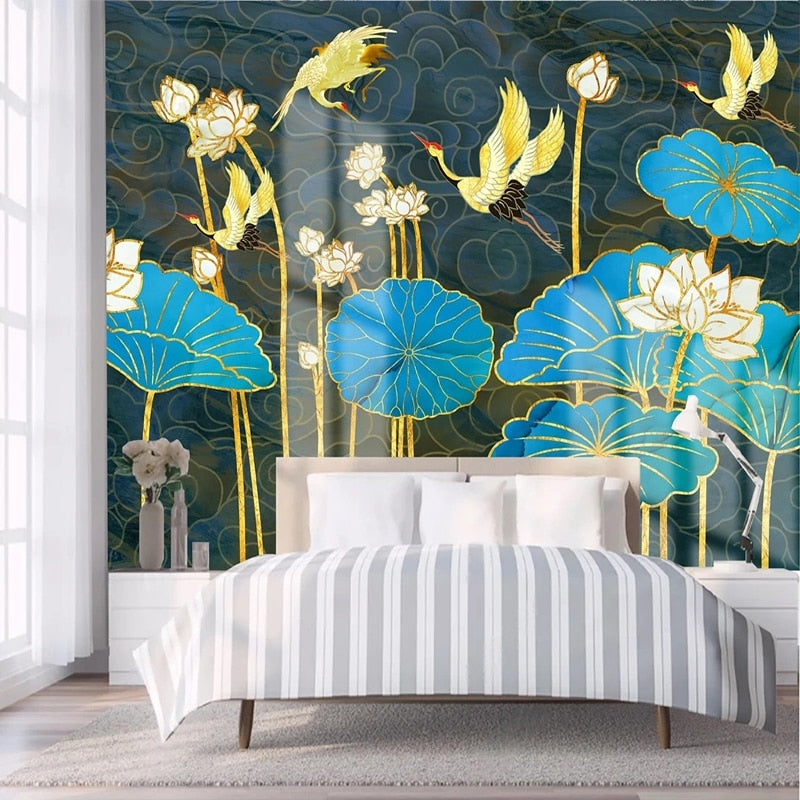 Cranes And Blue Lotus Wallpaper Mural, Custom Sizes Available Wall Murals Maughon's 