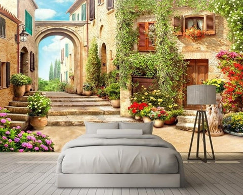 Image of Quaint Arch And Italian Street View Wallpaper Mural, Custom Sizes Available