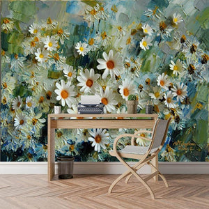 Glorious Daisies Oil Painting Wallpaper Mural, Custom Sizes Available