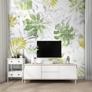 Decorative Tropical Leaves Wallpaper Mural, Custom Sizes Available