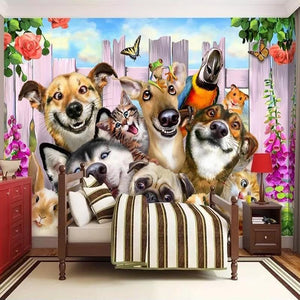 Cute Dogs, Cats, Animals Cartoon Wallpaper Mural, Custom Sizes Available