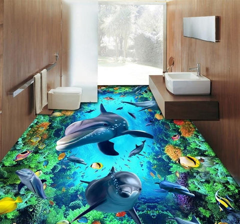 Image of Mural de suelo de PVC de vinilo con delfines, corales y peces tropicales, autoadhesivo, tamaños personalizados disponibles