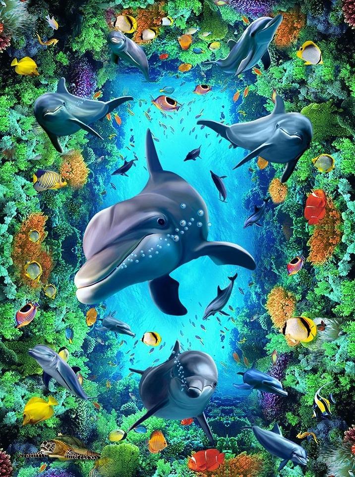 Dolphin, Coral and Topical Fish Vinyl PVC Floor Mural, Self Adhesive, Custom Sizes Available Household-Wallpaper-Floor Maughon's 