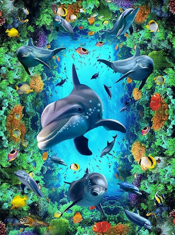 Image of Dolphin, Coral and Topical Fish Vinyl PVC Floor Mural, Self Adhesive, Custom Sizes Available Household-Wallpaper-Floor Maughon's 