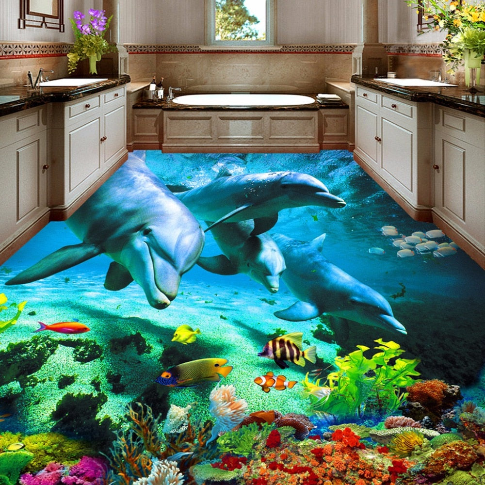 Dolphin Pod and Tropical Fish Floor Mural, Custom Sizes Available Floor Murals Maughon's 