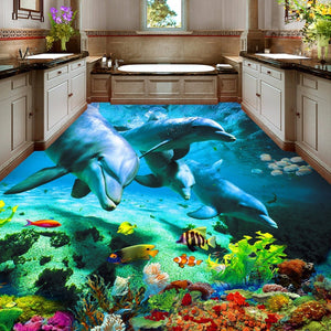 Dolphin Pod and Tropical Fish Floor Mural, Custom Sizes Available