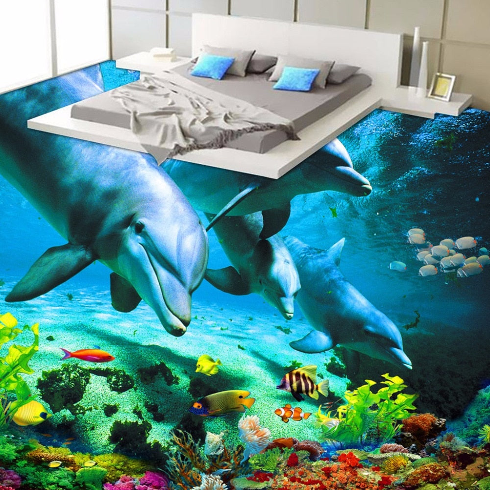 Dolphin Pod and Tropical Fish Floor Mural, Custom Sizes Available Floor Murals Maughon's 