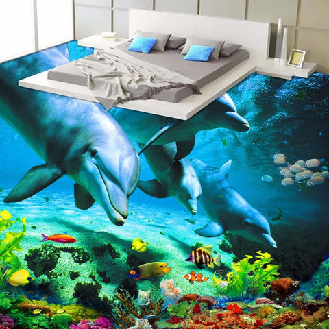 Image of Dolphin Pod and Tropical Fish Floor Mural, Custom Sizes Available Floor Murals Maughon's 