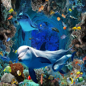 Dolphins and Coral Reef Self Adhesive Floor Mural, Custom Sizes Available