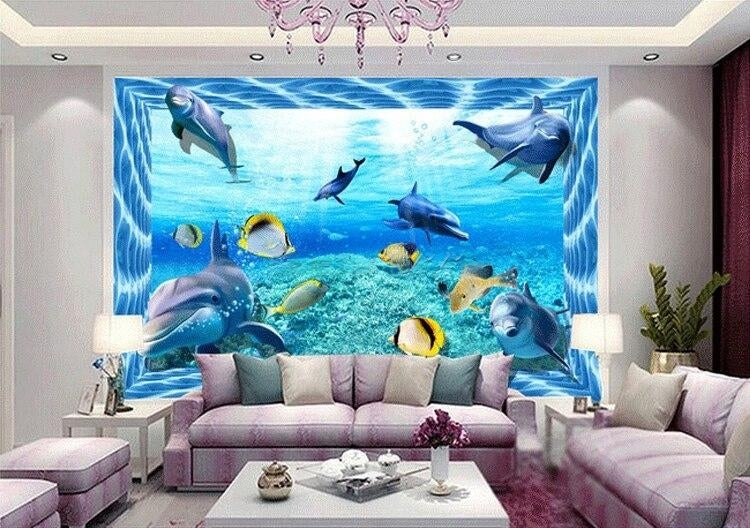 Dolphins and Tropical Fish Self Adhesive Floor Mural, Custom Sizes Available