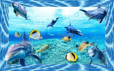 Image of Dolphins and Tropical Fish Self Adhesive Floor Mural, Custom Sizes Available