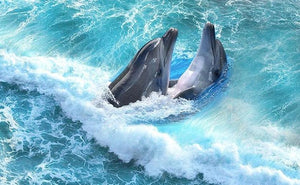 Dolphins in Waves Vinyl PVC Floor Mural, Self Adhesive, Custom Sizes Available