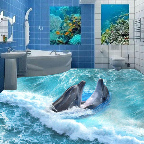 Image of Dolphins in Waves Vinyl PVC Floor Mural, Self Adhesive, Custom Sizes Available Household-Wallpaper-Floor Maughon's 