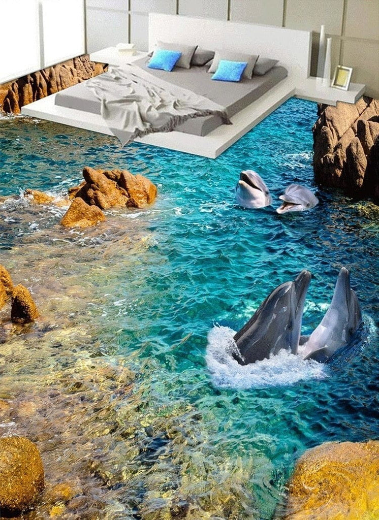 Dolphins Playing Near Shore Vinyl PVC Floor Mural, Self Adhesive, Custom Sizes Available
