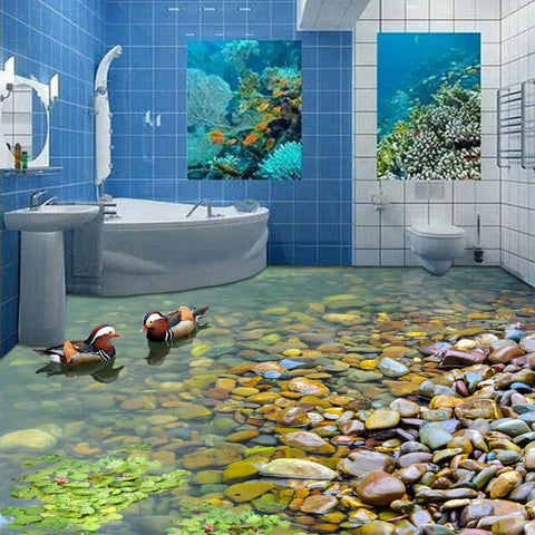 Image of Ducks And River Stone Self Adhesive Floor Mural, Custom Sizes Available Floor Murals Maughon's 
