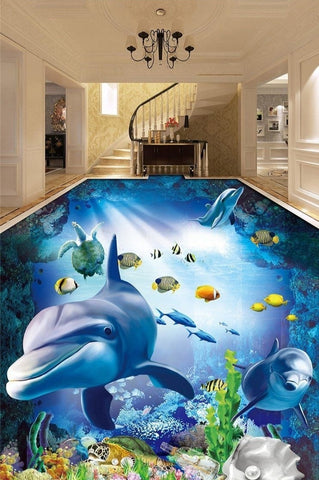 Image of Mural autoadhesivo para suelo del mundo submarino con delfines, tamaños personalizados disponibles