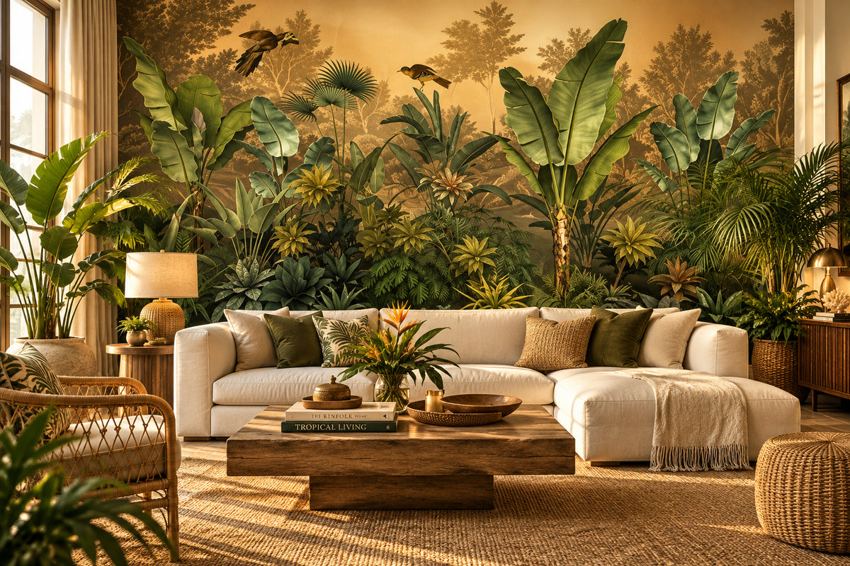 Tropical Rainforest  With Birds Wallpaper Mural, Custom Sizes Available