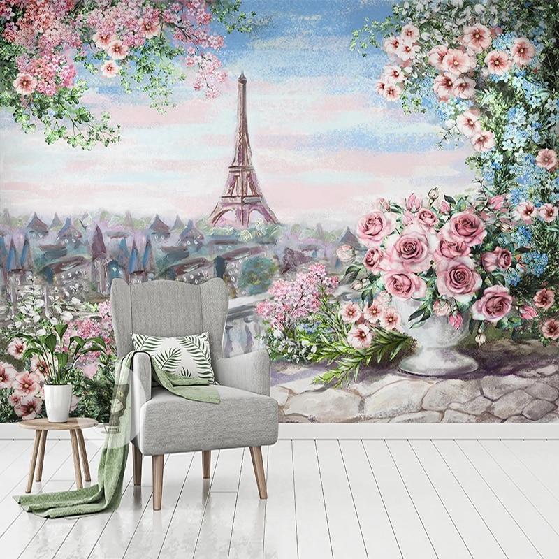 Eiffel Tower and Pink Roses Wallpaper Mural, Custom Sizes Available Household-Wallpaper Maughon's 