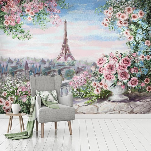 Image of Eiffel Tower and Pink Roses Wallpaper Mural, Custom Sizes Available Household-Wallpaper Maughon's 