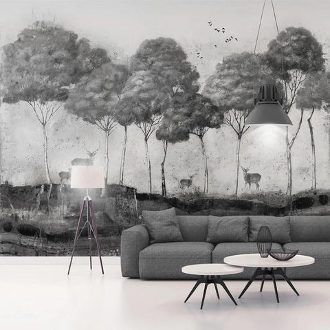 Image of Elk Forest Black And White Background Wallpaper Mural, Custom Sizes Available Maughon's 
