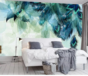 Mural abstracto de plumas azules etéreas, tamaños personalizados disponibles