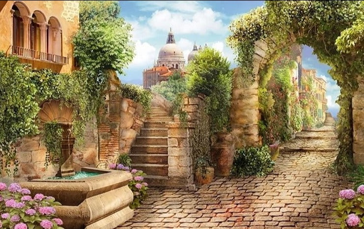 Quaint Italian Piazza Wallpaper Mural, Custom Sizes Available