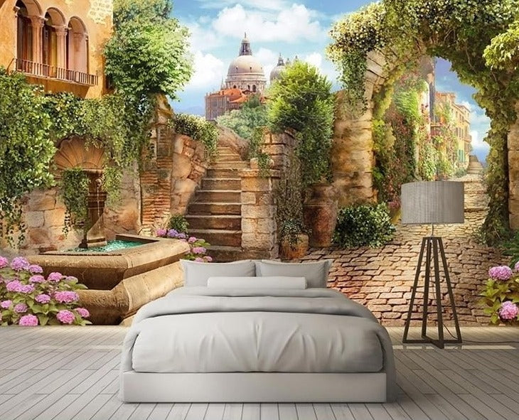 Quaint Italian Piazza Wallpaper Mural, Custom Sizes Available