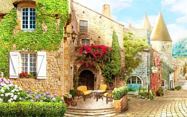 Quaint French Village Wallpaper Mural, Custom Sizes Available