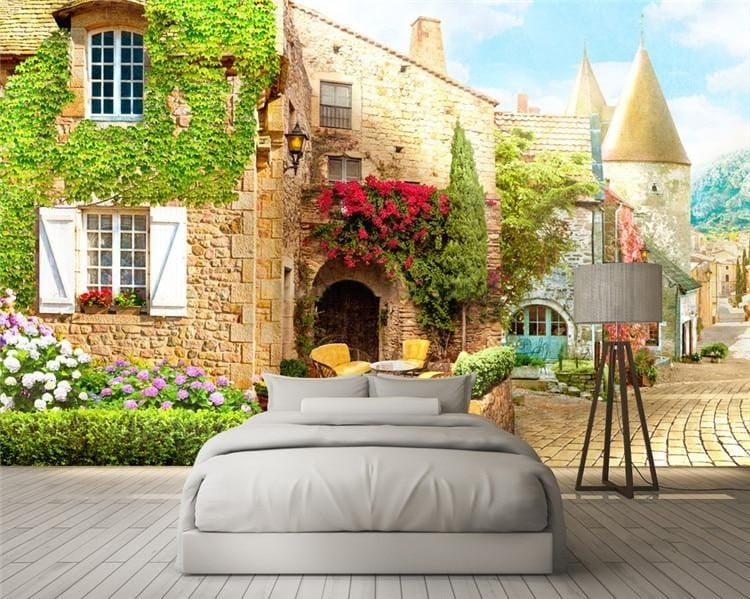 Quaint French Village Wallpaper Mural, Custom Sizes Available