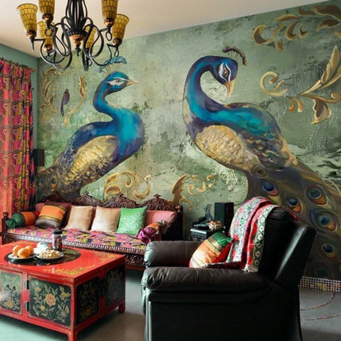 Image of European Style Classical Peacock Wallpaper Mural, Custom Sizes Available Household-Wallpaper Maughon's 