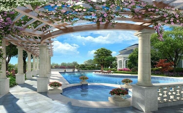 European Style Garden Swimming Pool Wallpaper Mural, Custom Sizes Available Wall Murals Maughon's 