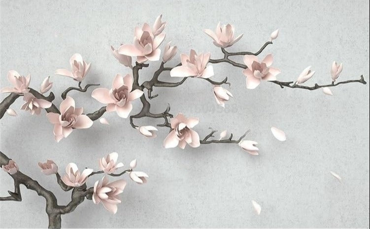 Pink Magnolia Branches Wallpaper Mural, Custom Sizes Available