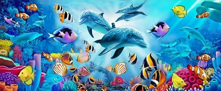 Self-Adhesive Dolphins and Tropical Fish Wallpaper Mural, Custom Sizes Available