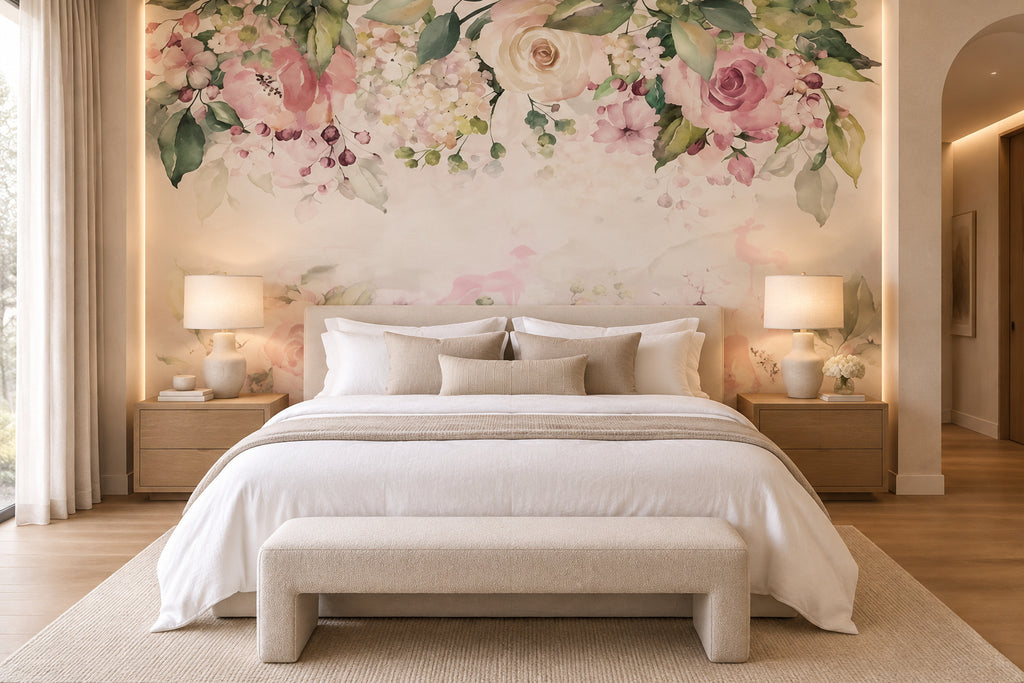 Soft Pink Floral Background Wallpaper Mural, Custom Sizes Available