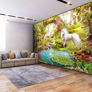 Mural de papel pintado Unicornios de fantasía en el bosque, tamaños personalizados disponibles