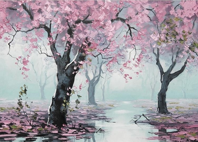 Enchanting Hand-Painted Flowering Cherry Trees Wallpaper Mural, Custom Sizes Available