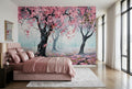 Enchanting Hand-Painted Flowering Cherry Trees Wallpaper Mural, Custom Sizes Available