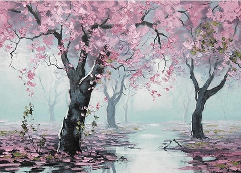 Image of Enchanting Hand-Painted Flowering Cherry Trees Wallpaper Mural, Custom Sizes Available