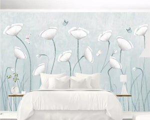 White Flowers And Butterflies Wallpaper Mural, Custom Sizes Available