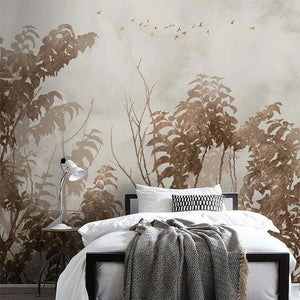 Sepia-Toned Forest and Birds Wallpaper Mural, Custom Sizes Available