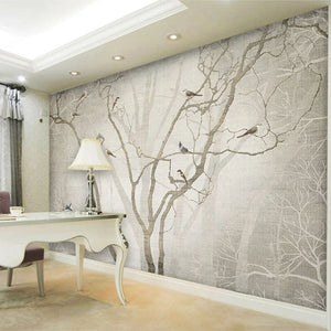 Mural de papel pintado con árboles y pájaros neblinosos, tamaños personalizados disponibles