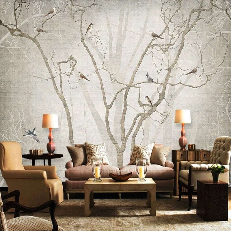 Foggy Trees and Birds Wallpaper Mural, Custom Sizes Available Wall Murals Maughon's 