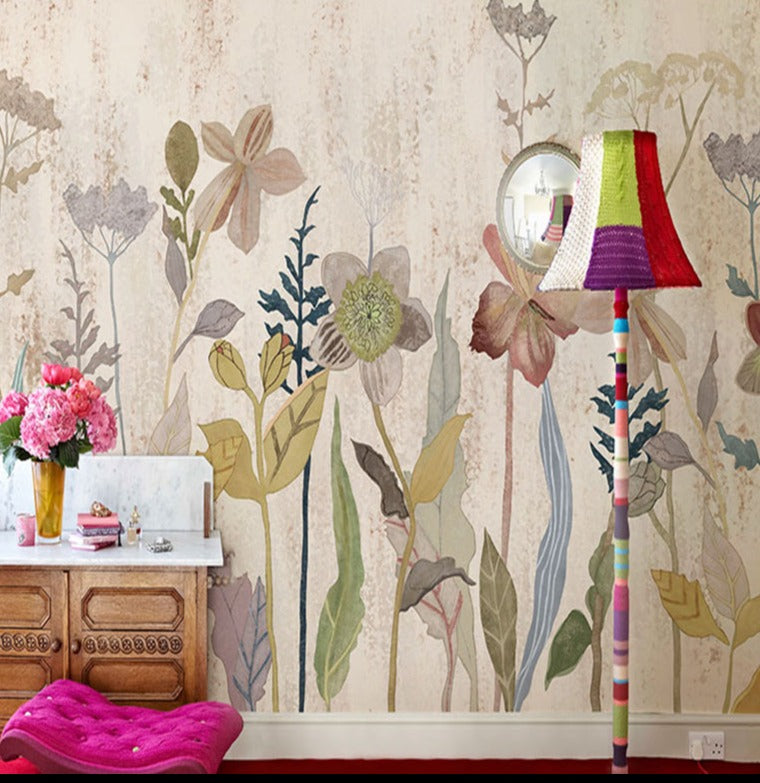 Garden Flower Hand-Painted Wallpaper Mural, Custom Sizes Available Maughon's 