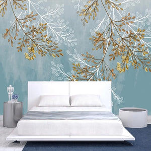 Gold and White Plant Fronds On Blue Background Wallpaper Mural, Custom Sizes Available