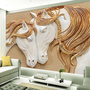 Gold and White Horses Sculpture Relief Wallpaper Mural, Custom Sizes Available