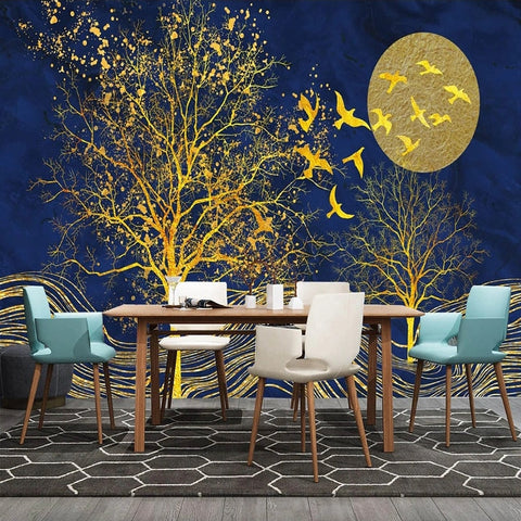 Image of Golden Bird, Tree and Moon On Blue Wallpaper Mural, Custom Sizes Available Wall Murals Maughon's 