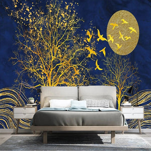 Golden Bird, Tree and Moon On Blue Wallpaper Mural, Custom Sizes Available