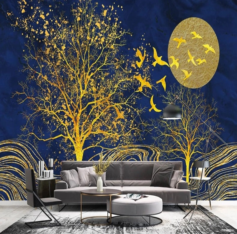 Golden Bird, Tree and Moon On Blue Wallpaper Mural, Custom Sizes Available Wall Murals Maughon's Waterproof Canvas 