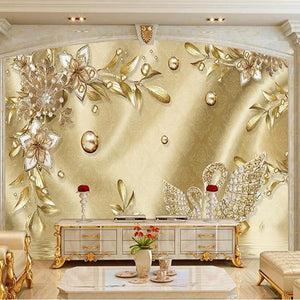 Mural de papel pintado con flores doradas y joyas, tamaños personalizados disponibles