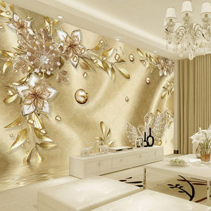 Golden Flower and Jewels Wallpaper Mural, Custom Sizes Avialable Maughon's 